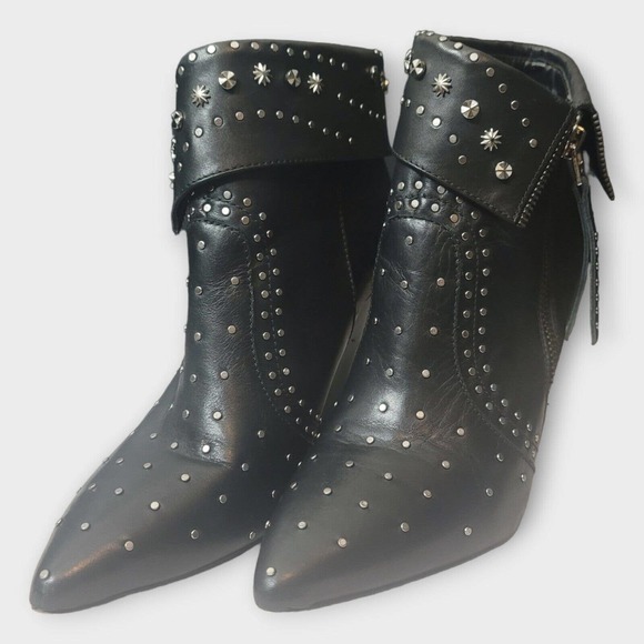 Sam Edelman Royce Studded Leather Ankle Boot Bootie Black Metallic Point Toe 6.5 - Picture 2 of 3